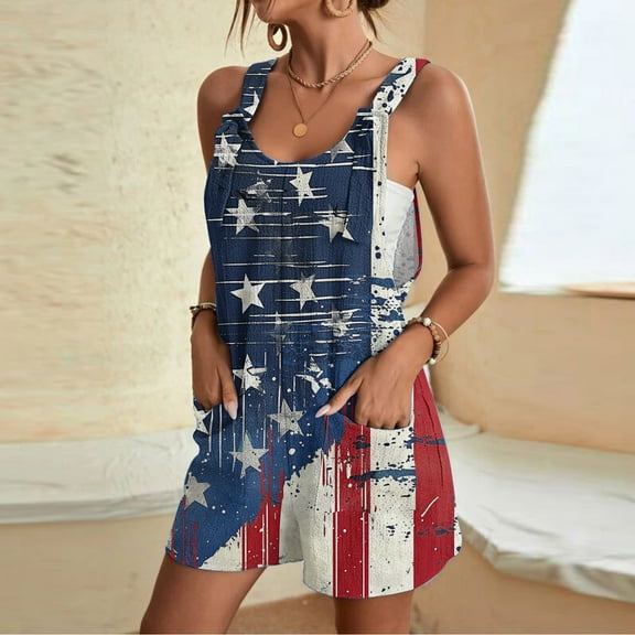 4th of July Rompers Women Rompers for Women Jumpsuits for Women Casual Summer Rompers for Women 2025 Women's Independence Day Print Pocket Romper Shorts