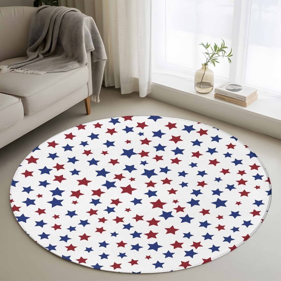 4th of July Round Area Rug 3Ft Washable Small Circle Rugs for Kitchen Entryway, Blue Red Star Patriotic Geometric Non-Slip Carpet Floor Mats Indoor Outdoor Carpet Runner Aesthetic Home Decor