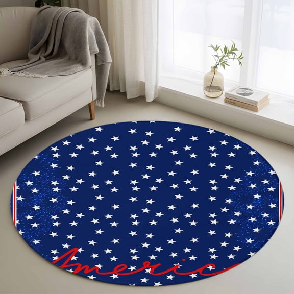 4th of July Round Area Rug 3Ft Washable Small Circle Rugs for Kitchen Entryway, Independence Day American Patriotic Stars Blue Non-Slip Carpet Floor Mats Indoor Outdoor Carpet Runner Home Decor