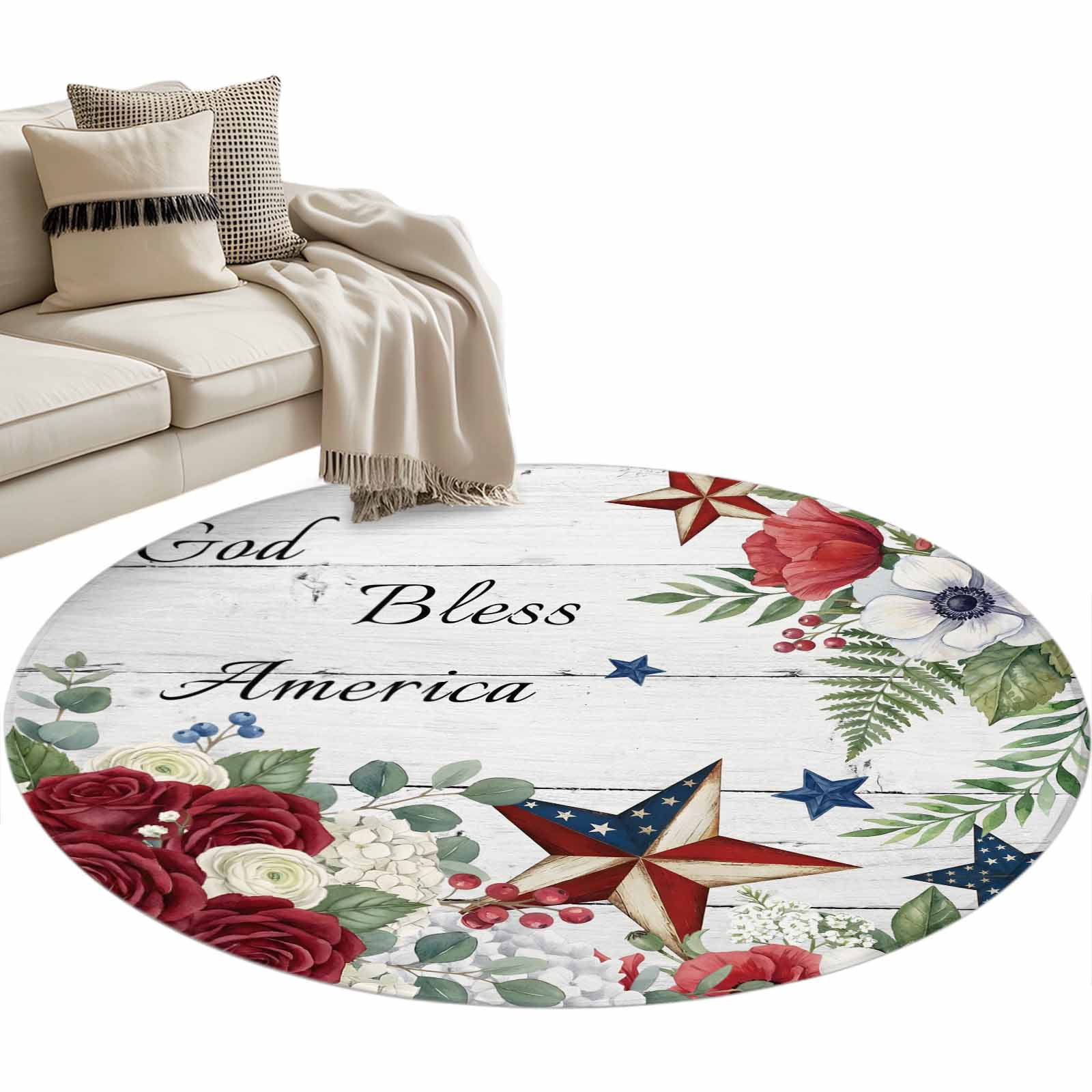 4th of July Round Area Rugs 3 ft, God Bless America Stars Red Flowers ...