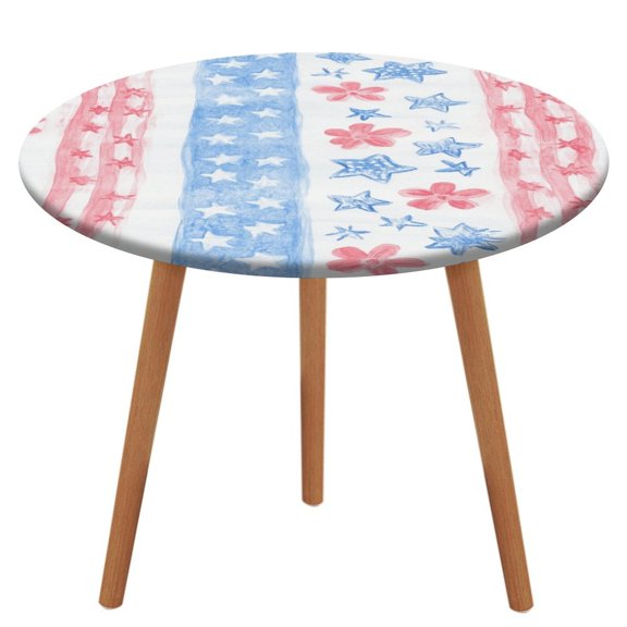4th of July Round Fitted Tablecloth with Backing Elastic Edge Design Table Cover Waterproof Oil-Proof Table Cloth Stain-Resistant Wipeable for Round Table