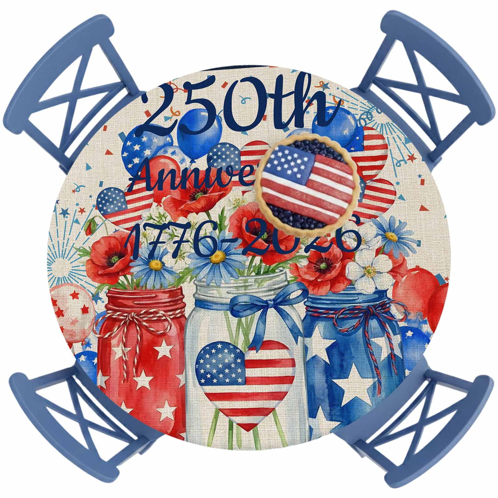 4th of July Round Fitted Tablecloth with Elastic 250th Celebrating ...