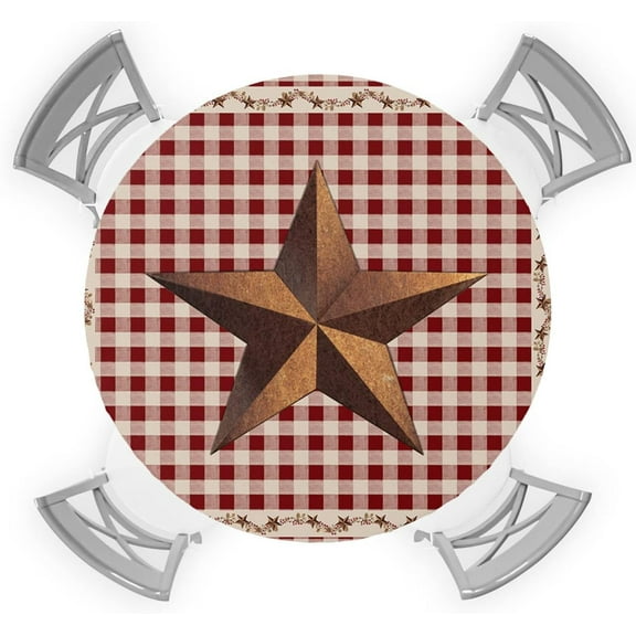 4th of July Round Fitted Tablecloth with Elastic Barn Star Texas Independence Day Tablecloths Classic Country Primitive Red Check Table Cover for Dinner Party Fits Tables up to 36"- 44" Diameter