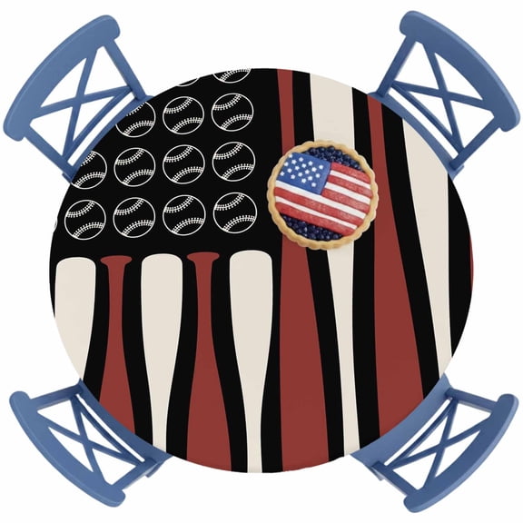 4th of July Round Fitted Tablecloth with Elastic Baseball USA Flag Tablecloths Patriotic Athletic Sports Waterproof Table Cover for Kitchen Party Independence Day Fits Tables up to 36"- 44" Diameter