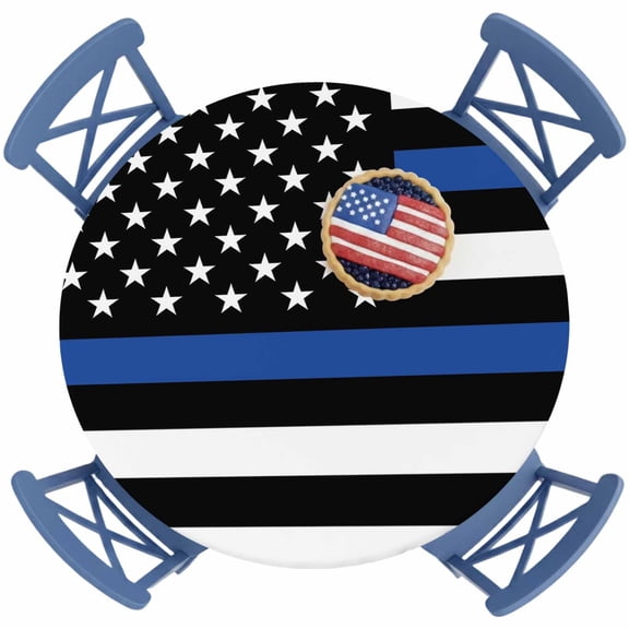 4th of July Round Fitted Tablecloth with Elastic Blue Line USA Flag Tablecloths Men And Women's Law Enforcement Waterproof Table Cover for Kitchen Party Independence Day Fits Tables up to 36"- 44"
