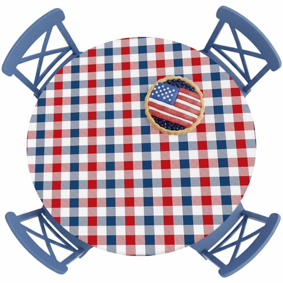 4th of July Round Fitted Tablecloth with Elastic Blue and Red Buffalo Plaid Tablecloths Patriotic Check Waterproof Table Cover for Kitchen Party Independence Day Fits Tables up to 36"- 44" Diameter