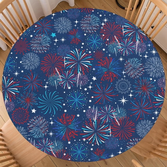 4th of July Round Fitted Tablecloth with Elastic Edge Patriotic Red Blue Fireworks Table Cover for 40"-44" Memorial Independence Day Stretch Table Cloth for Dining Room Party Picnic