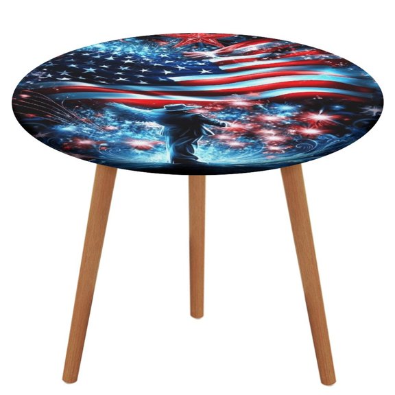 4th of July Round Fitted Tablecloth with Elastic Edge Round Outdoor Tablecloth Washable Round Table Cover Reusable Tablecloths for Kitchen Picnic Party Fits 40 - 54" Diameter Round Tables