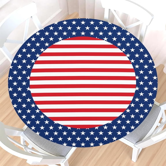 4th of July Round Fitted Tablecloth with Elastic Edge,Water-Resistant Patriotic American Flag Independence Day Table Cover for 45-52" Found Tables Red White Blue Star Table Cloth for Outdoor,Patio