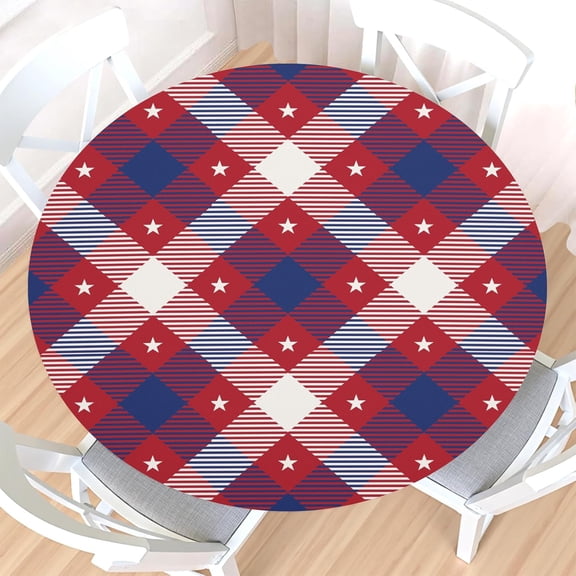 4th of July Round Fitted Tablecloth with Elastic Edge,Water-Resistant Patriotic Star Red White Blue Plaid Table Cover for 36-40" Found Tables Independence Day Checkered Table Cloth for Outdoor,Patio