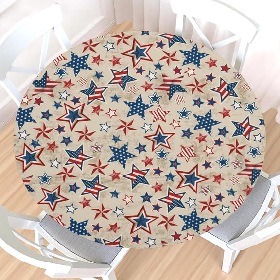 4th of July Round Fitted Tablecloth with Elastic Edge,Water-Resistant Picnic Patriotic Independence Memorial Day Table Cover for 40-44" Found Tables Red Blue Star Table Cloth for Dinner,Outdoor,Patio