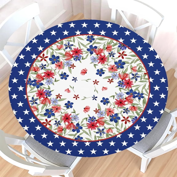 4th of July Round Fitted Tablecloth with Elastic Edge,Waterproof Poppy Flowers Patriotic Independence Day Memorial Day Table Cover for 48-52" Stretch Table Cloth for Dinner Indoor Outdoor Party