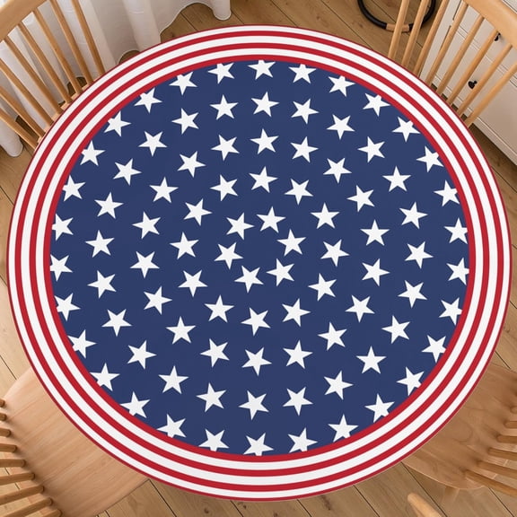 4th of July Round Fitted Tablecloth with Elastic Independence Memorial Day Patriotic Table Cloth Decorative Washable Red White Blue Star Stripe Table Cover Picnic Party Family Home for 44"-48" Table
