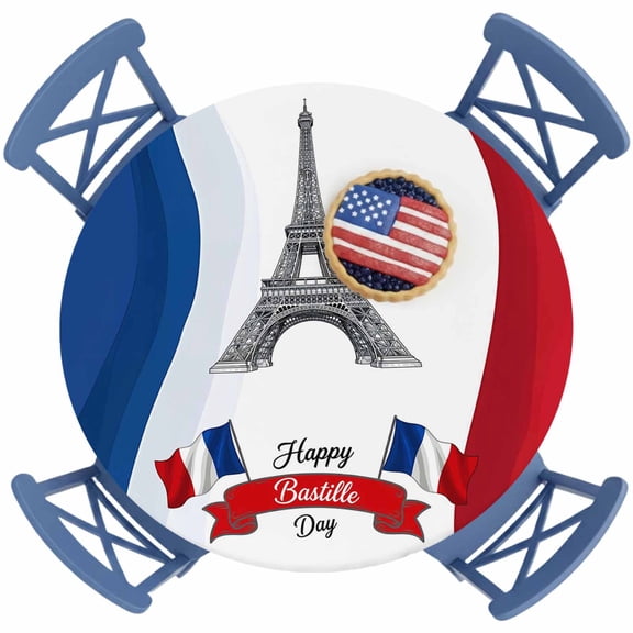 4th of July Round Fitted Tablecloth with Elastic Paris Tower French Flag Tablecloths French National Day Waterproof Table Cover for Kitchen Party Independence Day Fits Tables up to 36"- 44" Diameter