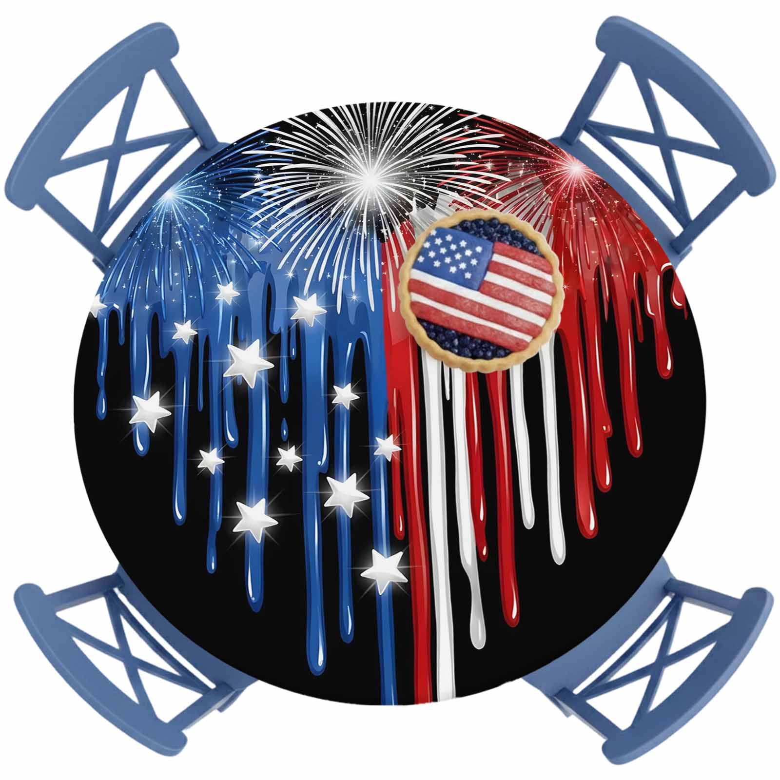 4th of July Round Fitted Tablecloth with Elastic Patriotic Heart ...