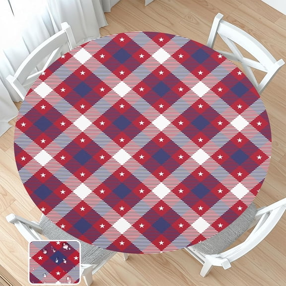 4th of July Round Fitted Tablecloth with Elastic Patriotic Independence Memorial Day Plaid Circle Table Cloth for 40-44" Tables Wipeable Waterproof American Star Table Cover for Outdoor Party Dining