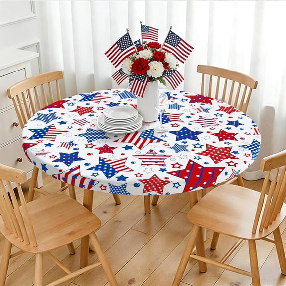 4th of July Round Fitted Tablecloth with Elastic, Patriotic Star Elastic Round Tablecloth Covers Fit for 36"-44" Tables, Water Resistant Washable Polyester for Memorial Day, Independence Day Decor