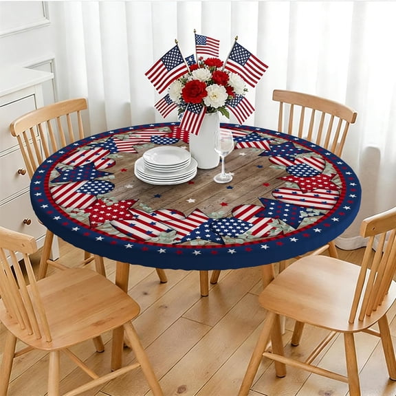 4th of July Round Fitted Tablecloth with Elastic, Patriotic Star Elastic Round Tablecloth Covers Fit for 45"-52" Tables, Water Resistant Washable for Memorial Day, Independence Day Decor