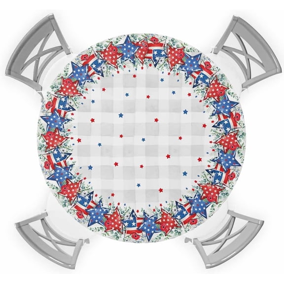 4th of July Round Fitted Tablecloth with Elastic Patriotic Stars Independence Day Tablecloths Poppy Plaid Table Cover for Kitchen Dinner Memorial Day Party Picnic Fits Tables up to 36"- 44" Diameter