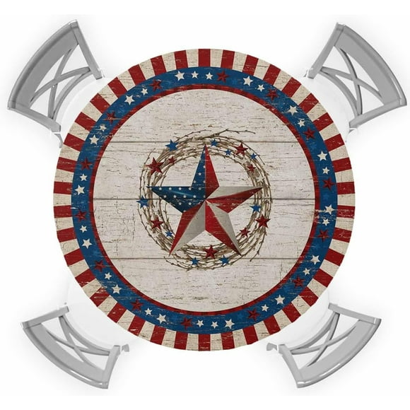 4th of July Round Fitted Tablecloth with Elastic Patriotic Stars Independence Day Tablecloths Rustic Wood Table Cover for Kitchen Dinner Memorial Day Party Picnic Fits Tables up to 45"- 52" Diameter