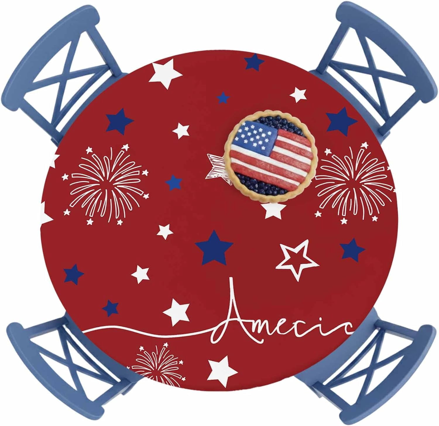Table Top Firework 4th of July Round Fitted Tablecloth with Elastic Red Blue Stars ...