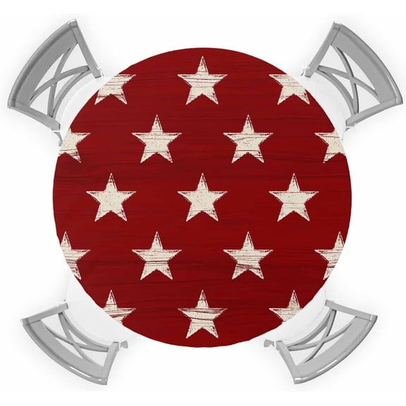 4th of July Round Fitted Tablecloth with Elastic Red Stars Patriotic Independence Day Tablecloths National Flag Day Table Cover for Kitchen Dinner Memorial Day Party Picnic Fits Tables up to 55"- 60"
