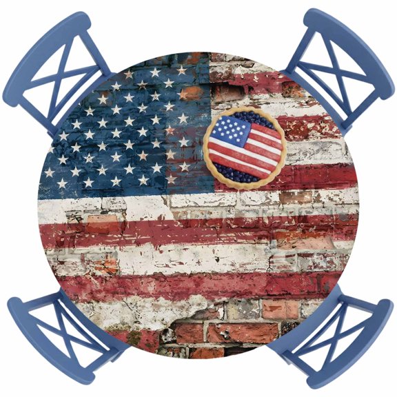 4th of July Round Fitted Tablecloth with Elastic Retro American Flag Tablecloths Rustic Red Brick Wall Waterproof Table Cover for Kitchen Party Independence Day Fits Tables up to 36"- 44" Diameter
