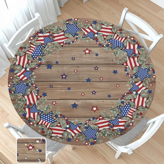 4th of July Round Fitted Tablecloth with Elastic Retro Wood Patriotic Memorial Day Circle Table Cloth for 40-44" Tables American Eucalyptus Star Wipeable Washable Table Cover for Outdoor Dining