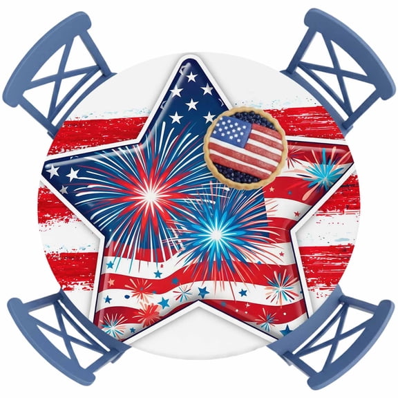 4th of July Round Fitted Tablecloth with Elastic USA Flag Fireworks Tablecloths Patriotic Star Stripes Waterproof Table Cover for Kitchen Party Independence Day Fits Tables up to 36"- 44" Diameter