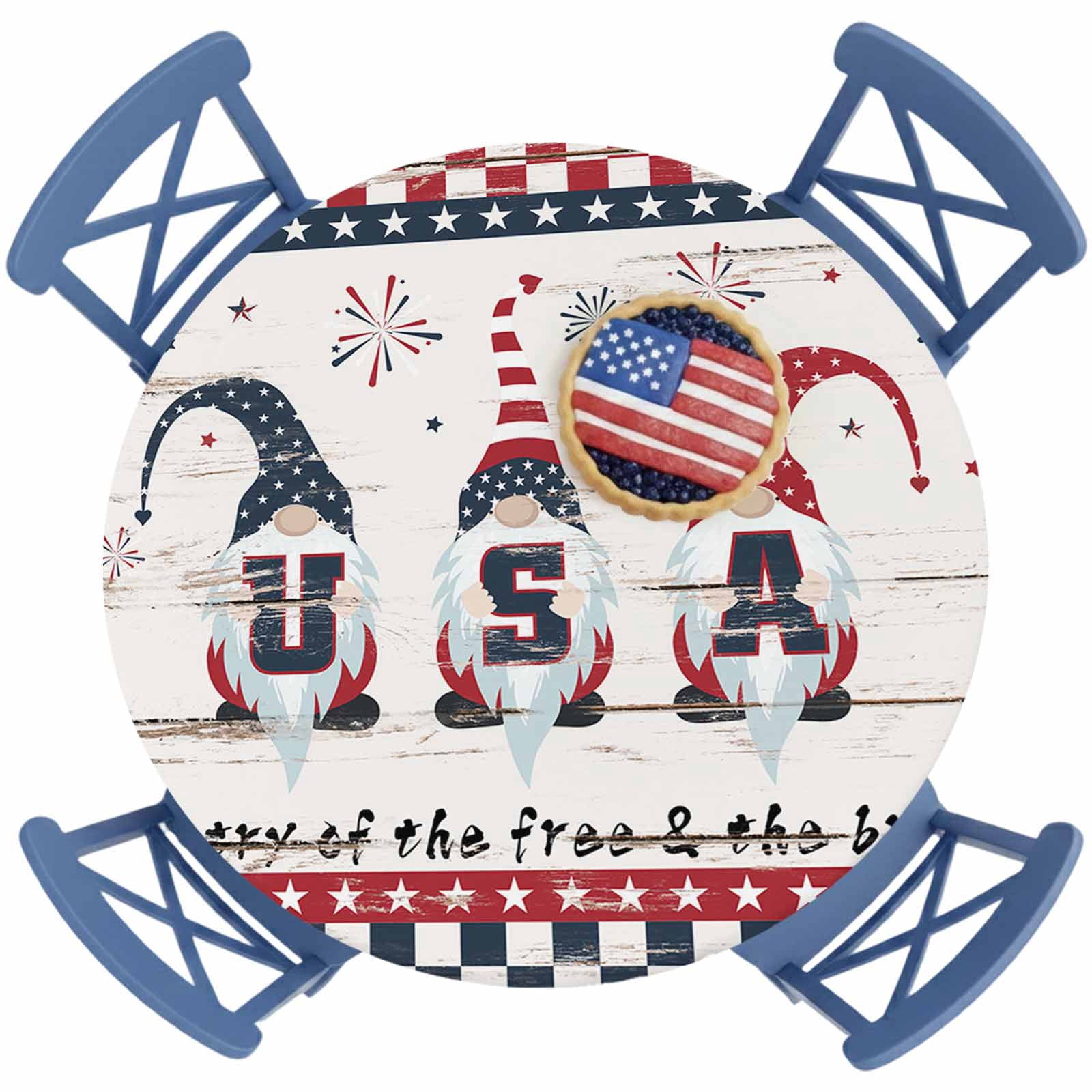 4th of July Round Fitted Tablecloth with Elastic Vintage Cute Gnomes ...