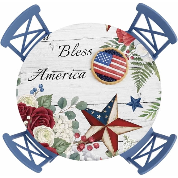4th of July Round Fitted Tablecloth God Bless America Stars Red Flowers Leaf Wood Grain Elastic Table Cloth Waterproof Oil Proof Table Cover Fits 55"-60" Round Tables for Party Picnic Dinner Decor
