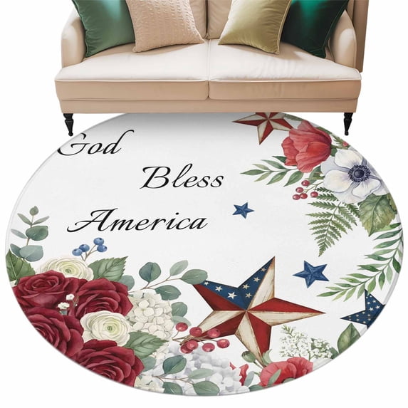 4th of July Round Living Room Rugs 5 ft, God Bless America Stars Red ...