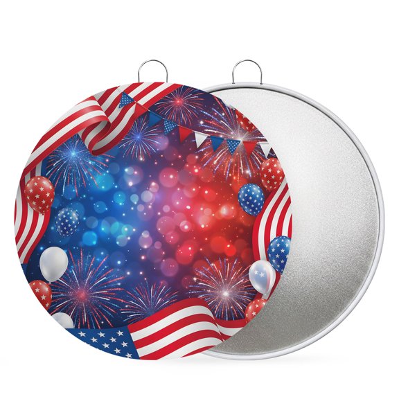4th of July Round Metal Signs for Outside American Flag Balloon Tin Signs Stainless Steel Hook Plaque Patriotic Star Fireworks Metal Sign for Front Door Porch Hanging Wall Decor Gifts 8 Inch