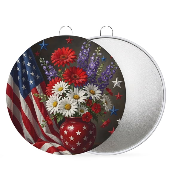 4th of July Round Metal Signs for Outside American Flag Tin Signs Stainless Steel Hook Home Sign Plaque Patriotic Star Daisy Vase Metal Sign for Front Door Porch Hanging Wall Decor Gifts 6 Inch