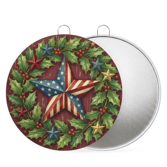 4th of July Round Metal Signs for Outside Patriotic Star Wreath Tin Signs Stainless Steel Hook Home Sign Plaque Berry Holly Wood Grain Metal Sign for Front Door Porch Hanging Wall Decor Gifts 8 Inch