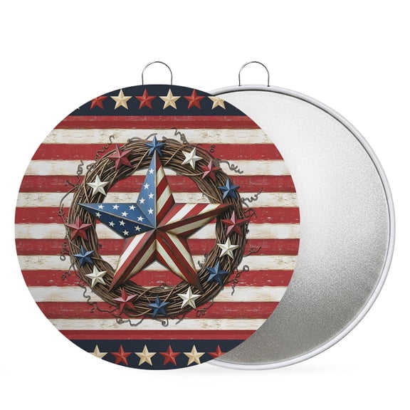 4th of July Round Metal Signs for Outside Patriotic Star Wreath Tin Signs Stainless Steel Hook Plaque Rustic Retro Red Stripes Metal Sign for Front Door Porch Hanging Wall Decor Gifts 8 Inch