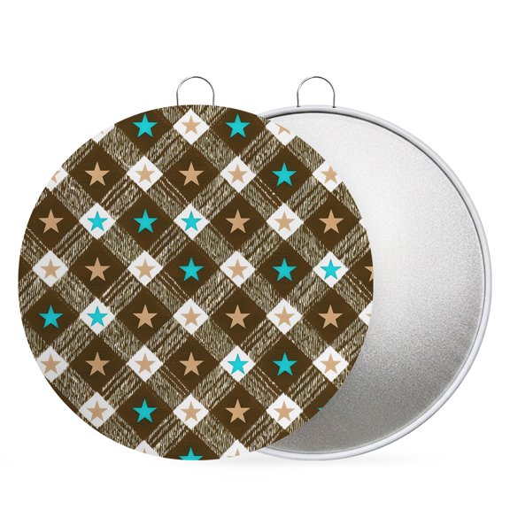 4th of July Round Metal Signs for Outside Patriotic Stars Plaid Tin Signs Stainless Steel Hook Plaque Teal Brown Diagonal Stripes Metal Sign for Front Door Porch Hanging Wall Decor Gifts 6 Inch