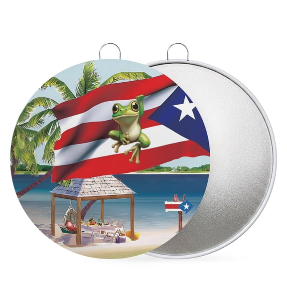 4th of July Round Metal Signs for Outside Puerto Rico Flag Frog Tin Signs Stainless Steel Hook Home Sign Plaque Coco Tree Beach Metal Sign for Front Door Porch Hanging Wall Decor Gifts 6 Inch