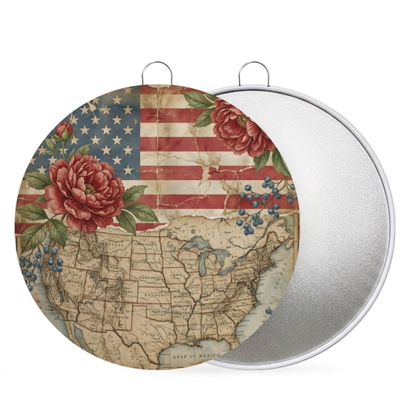 4th of July Round Metal Signs for Outside Retro American Flag Tin Signs Stainless Steel Hook Plaque Cottagecore Usa Map Red Peony Metal Sign for Front Door Porch Hanging Wall Decor Gifts 8 Inch