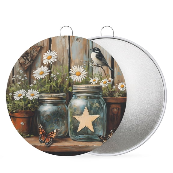 4th of July Round Metal Signs for Outside Star Daisy Bird Tin Signs Stainless Steel Hook Welcome Home Sign Plaque Rustic Wood Grain Metal Sign for Front Door Porch Hanging Wall Decor Gifts 6 Inch