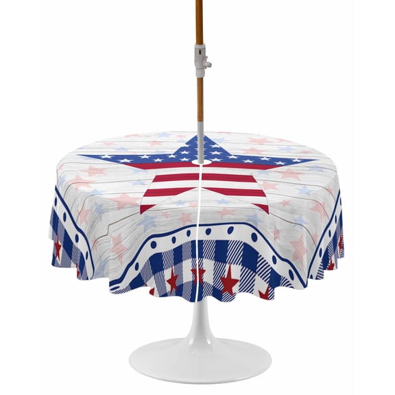 4th of July Round Outdoor Tablecloth, Waterproof Table Cloth Cover with Umbrella Hole and Zipper, American Flag Star on Wood Blue Checkered Table Protector for Patio Party Picnic 54" Round
