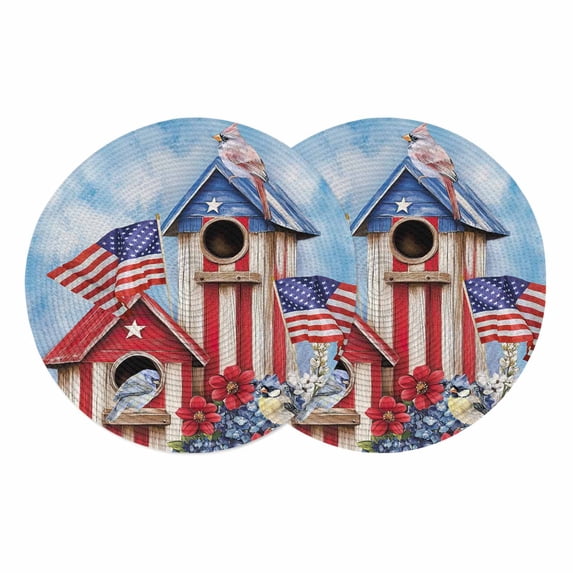 4th of July Round Placemats Set of 2 Blue American Flag Birds House ...