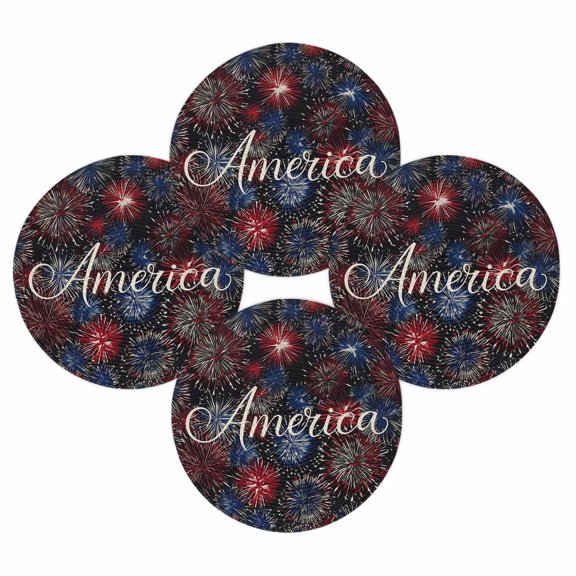 4th of July Round Placemats Set of 4 America Fireworks Place Mats Independence Day Woven Placemat Red White and Blue Circle Braided Table Mat for Kitchen Dining Table Party Home Decor 15 Inch