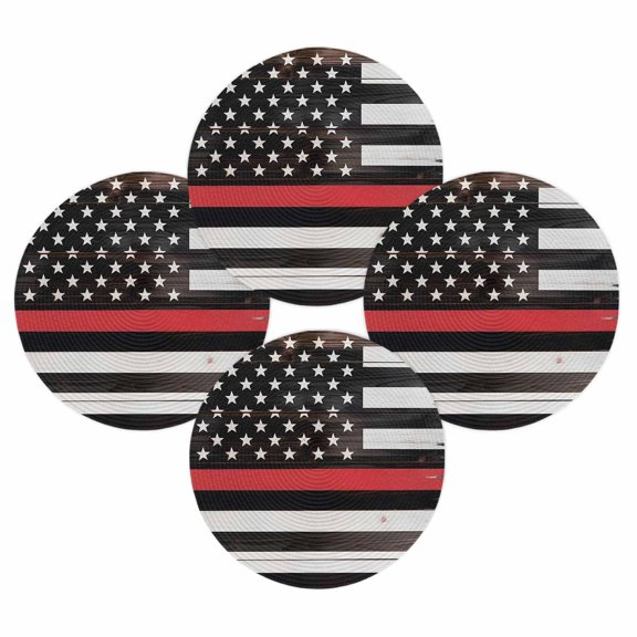 4th of July Round Placemats Set of 4 American USA Flag Place Mats Independence Day Woven Placemat Red Lines Stripe Rustic Wood Firefighter Circle Braided Table Mat for Kitchen Dinner Party 15 Inch