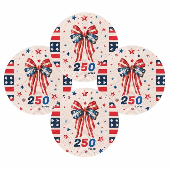 4th of July Round Placemats Set of 4 Patriotic Bow Tie Place Mats Independence Day Woven Placemat 250 Years Stars Stripes Circle Braided Table Mat for Kitchen Dining Table Party Home Decor 15 Inch
