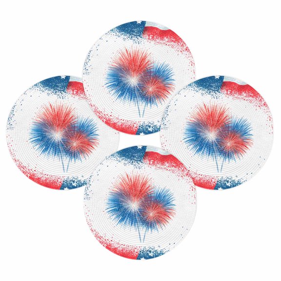 4th of July Round Placemats Set of 4 Patriotic Fireworks Place Mats Independence Day Woven Placemat Red White and Blue Circle Braided Table Mat for Kitchen Dining Table Party Home Decor 15 Inch