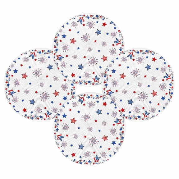 4th of July Round Placemats Set of 4 Patriotic Stars Fireworks Place Mats Independence Day Woven Placemat Red White Blue USA Flag Circle Braided Table Mat for Kitchen Dining Table Party 15 Inch