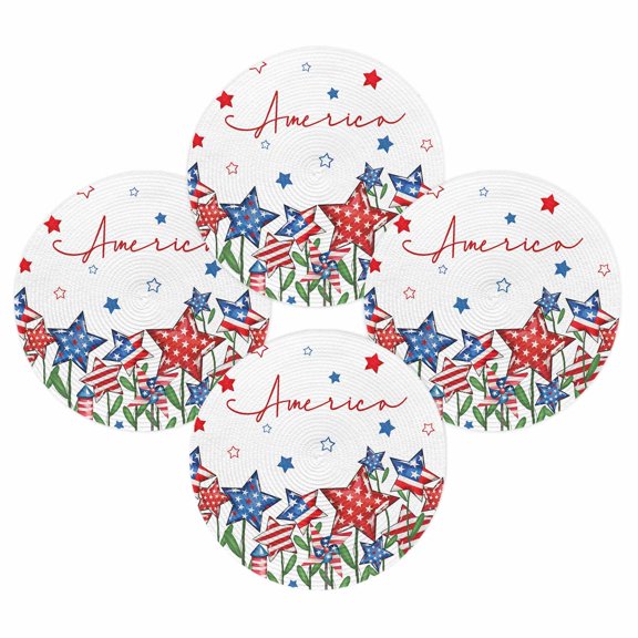 4th of July Round Placemats Set of 4 Star American Flag Place Mats Independence Day Woven Placemat Patriotic Liberty Fireworks Branches Circle Braided Table Mat for Kitchen Dinner Party 15 Inch