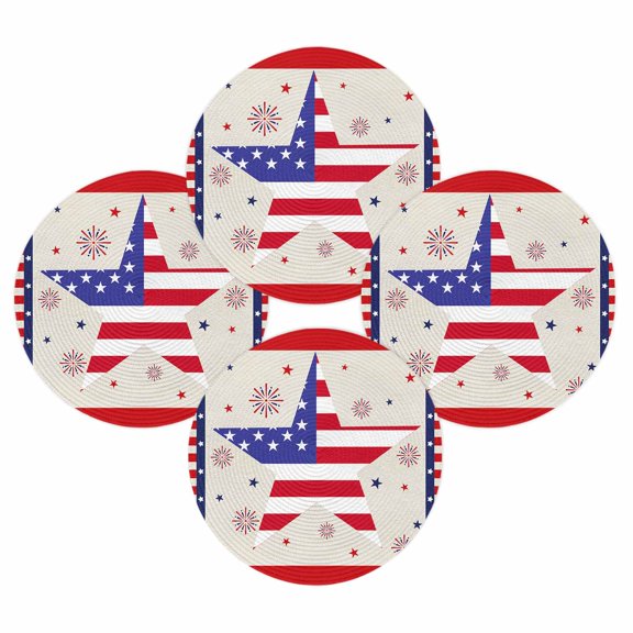4th of July Round Placemats Set of 4 USA Flag Stars Stripes Place Mats Independence Day Woven Placemat Patriotic Fireworks Circle Braided Table Mat for Kitchen Dining Table Party Home Decor 15 Inch