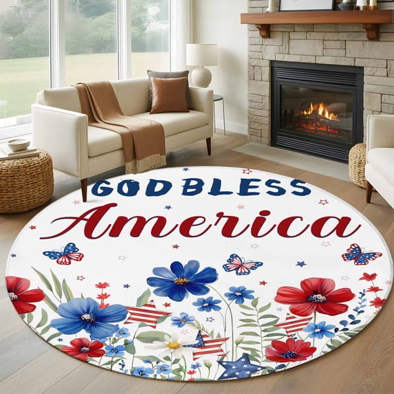 4th of July Round Rug 5ft Washable Circle Kitchen Rugs Non Slip Independence Day Blue Red Watercolor Flowers Large Area Rug Indoor Floor Carpet for Bedroom Living Room Home Office Dining Room Nursery